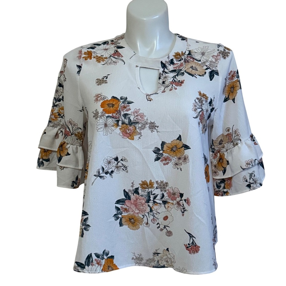 Urban Romantics White Floral Blouse Ruffle Tiered Sleeve Keyhole Neck Top Large